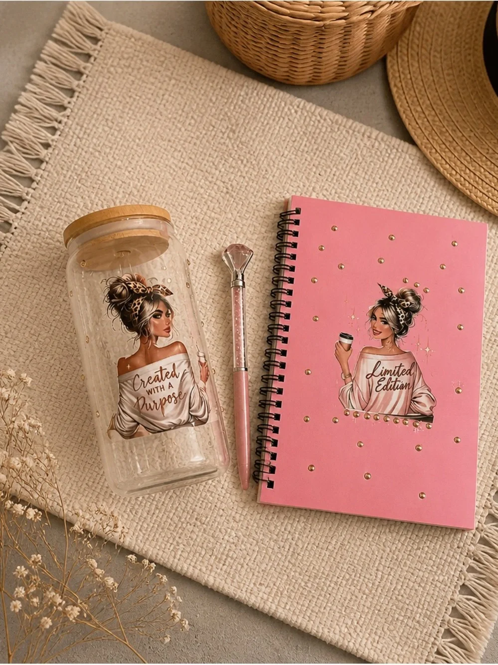 Pink 'Limited Edition' Spiral Notebook & Matching Glass Bottle Set